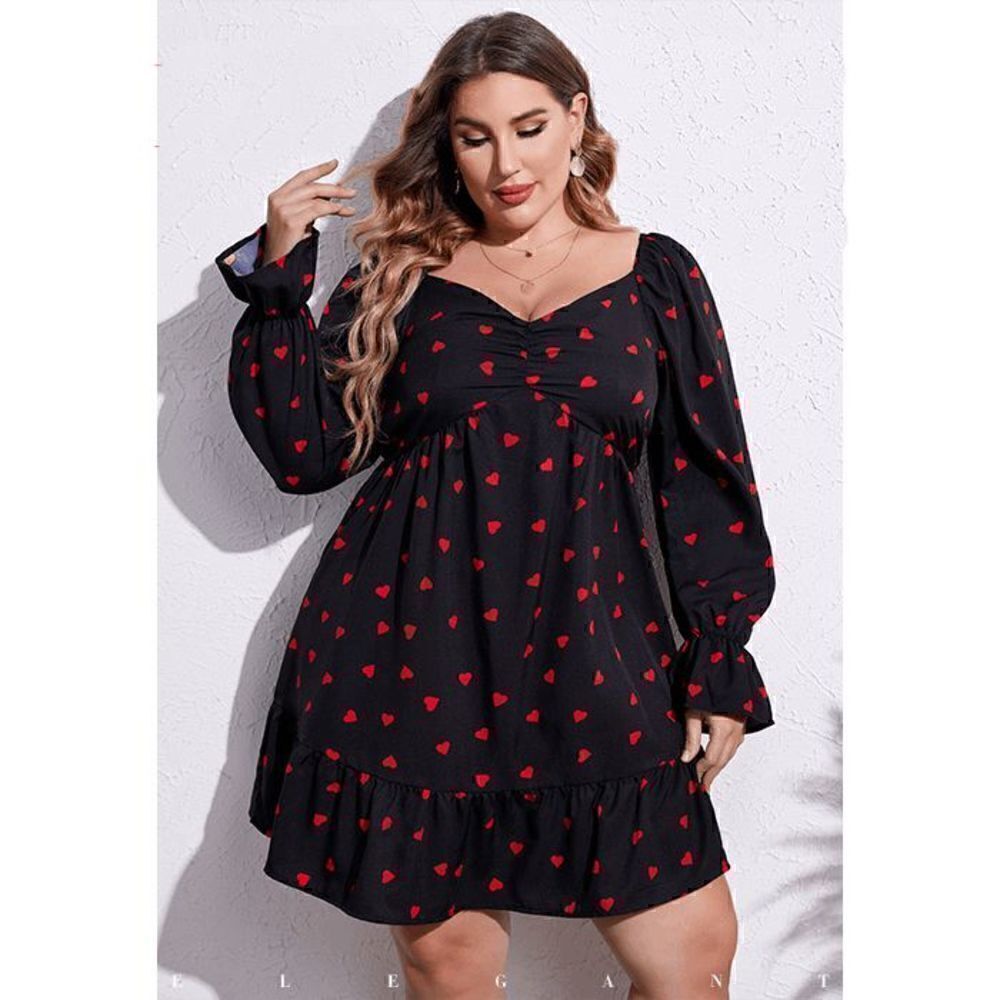 ❤ Plus Size Valentine’s Day Long Sleeve Heart Print Black Dress NWT